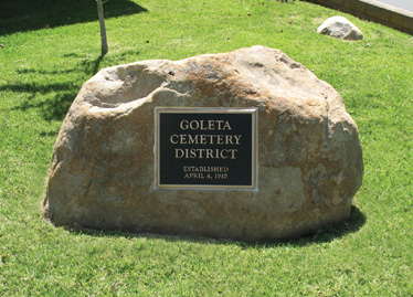 Photo of Rock with Plaque that states Goleta Cemetery District - Established April 4, 1910